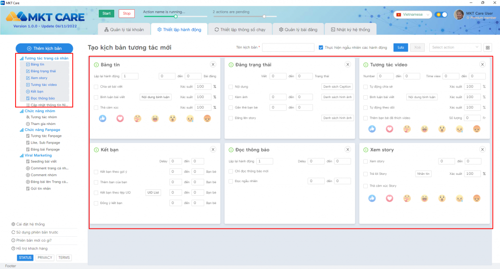 Tool MKT Care hỗ trợ tự động tương tác trang cá nhân