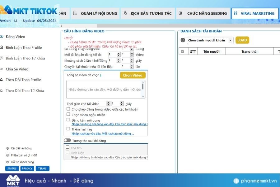 Tính năng phần mềm MKT TikTok – Viral Marketing